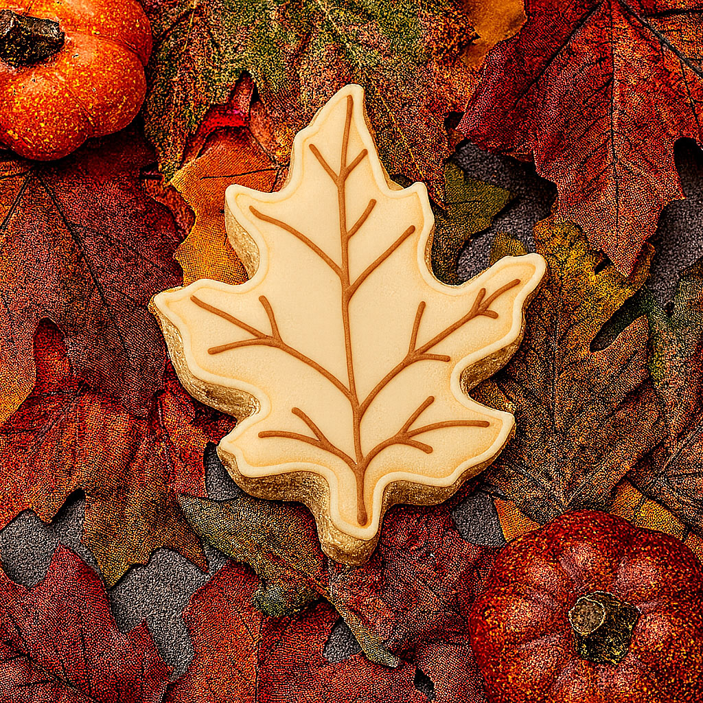 Oak leaf-shaped, with veins, cookie on a bed of autumn leaves and pumpkins