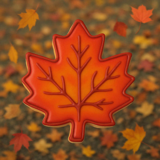 Maple leaf-shaped cookie with autumn leaves in the background from a 3.5 inch Maple Leaf Metal Cookie Cutter