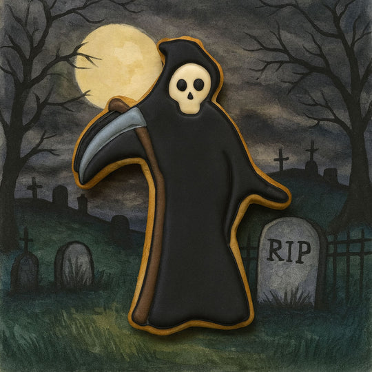 Grim reaper cookie in a graveyard setting with a full moon