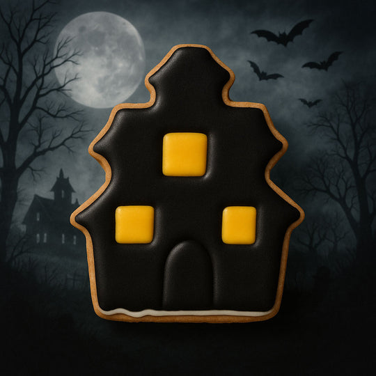 Halloween-themed cookie shaped like a haunted house with black icing and yellow squares on a dark background.