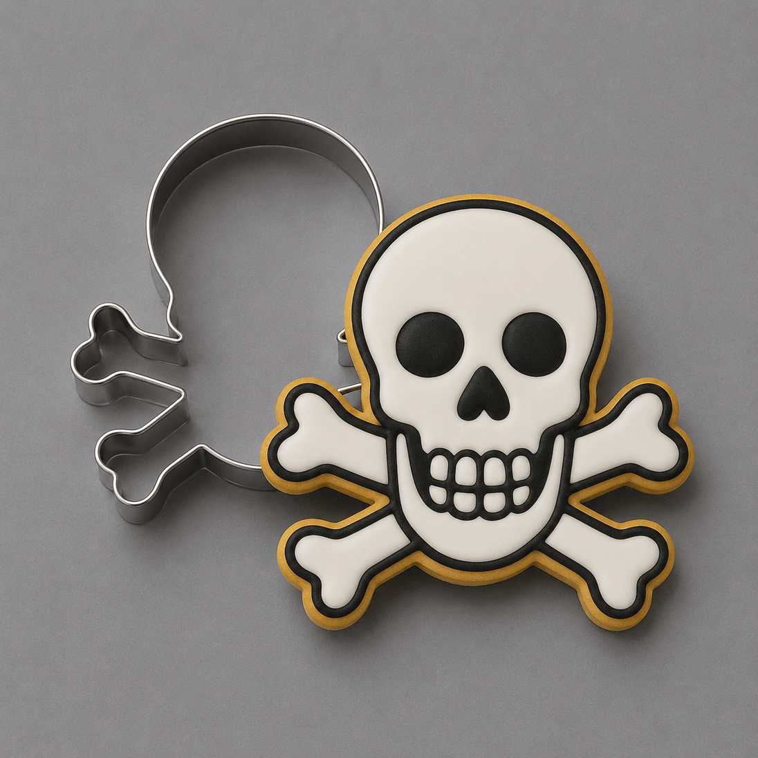 A pirate skull and crossbones cookie cutter set on a neutral gray background, showing both the metal cutter and the shaped cookie with white icing, black details, and a gold border from a 3.25 inch Skull and Crossbones Metal Cookie Cutter