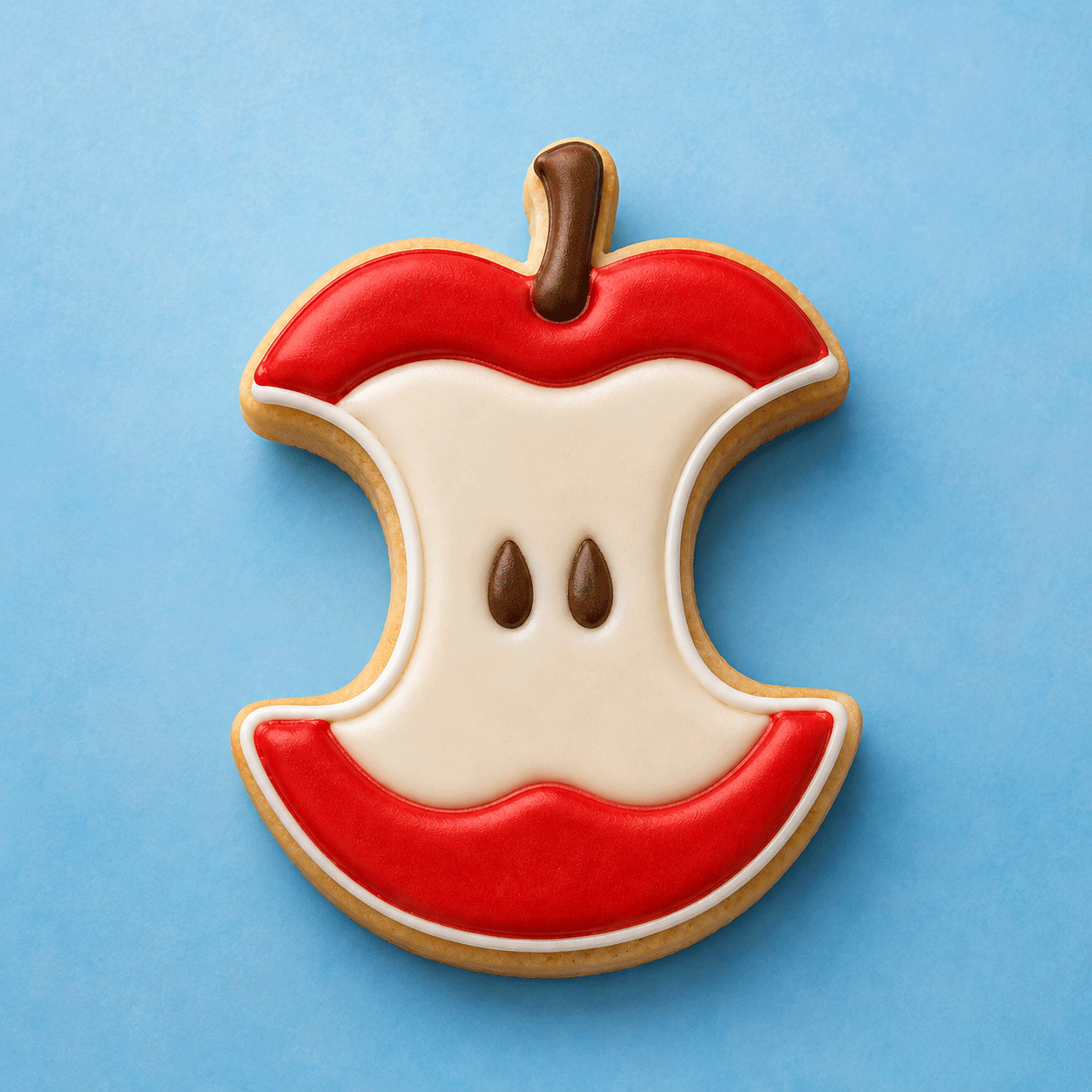 Cookie shaped like a stylized apple with a blue background from a 4 inch Apple Core Metal Cookie Cutter