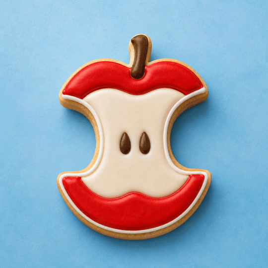 Cookie shaped like a stylized apple with a blue background from a 4 inch Apple Core Metal Cookie Cutter