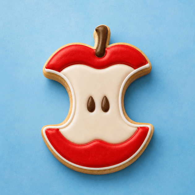 Cookie shaped like a stylized apple with a blue background from a 4 inch Apple Core Metal Cookie Cutter