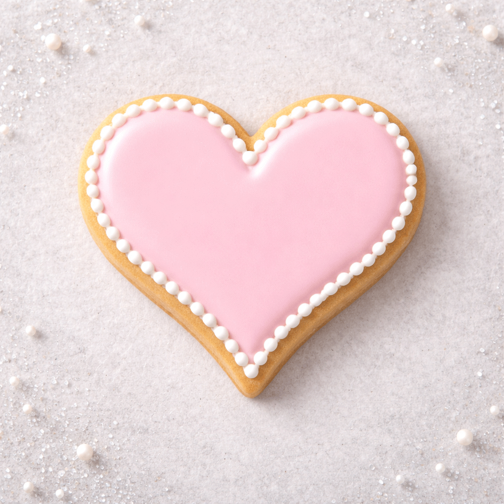 Heart-shaped cookie with pink icing and white pearl decorations on a light gray background from a 3 inch Heart Metal Cookie Cutter