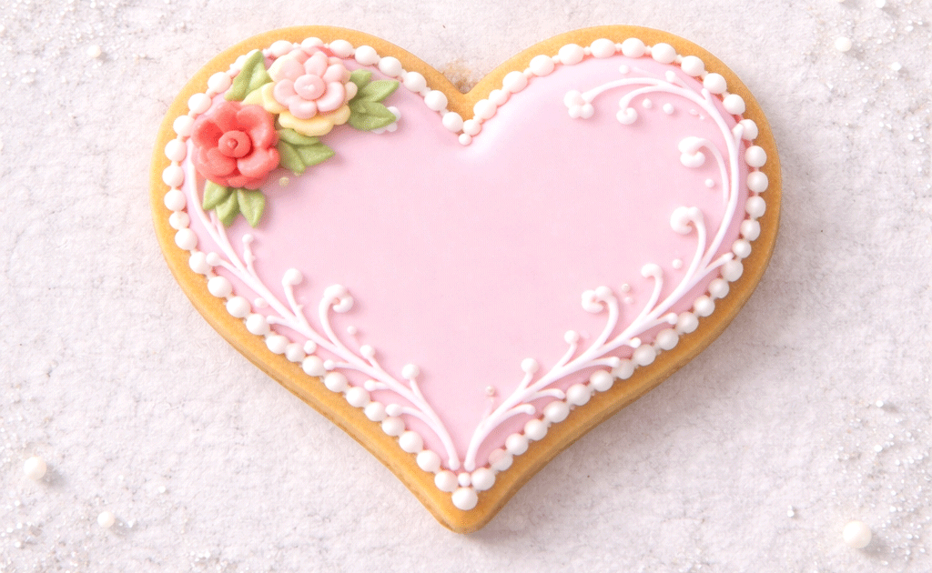 Heart-shaped cookie with pink icing, white pearls, and floral decorations on a light background from a 2 inch Heart Metal Cookie Cutter