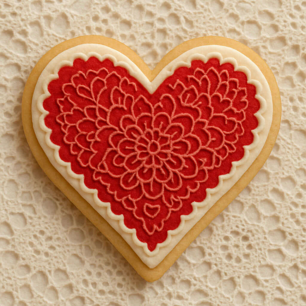 Heart-shaped cookie with red floral design on a textured beige background from a 1.75 inch Mini Heart Metal Cookie Cutter