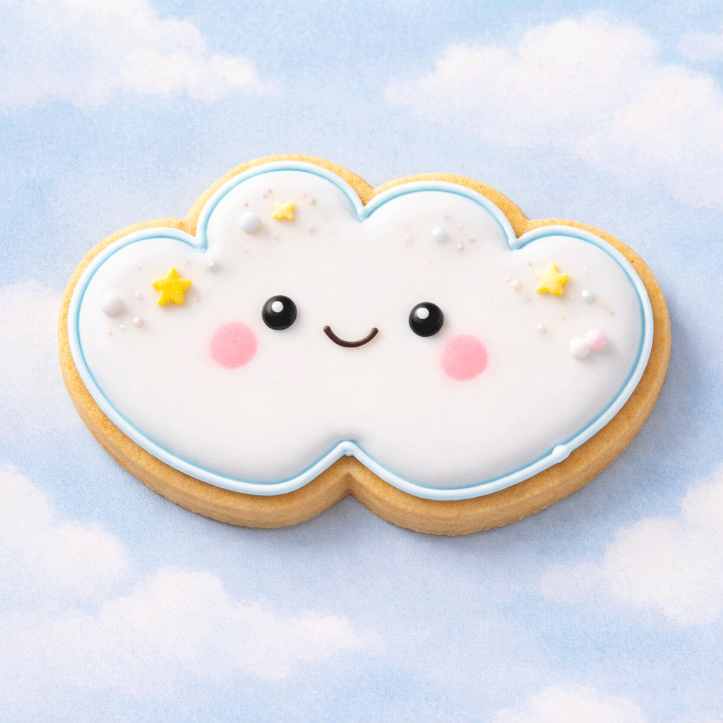 Cloud-shaped cookie with a smiling face on a blue sky background from a 3.5 inch Double Heart Metal Cookie Cutter