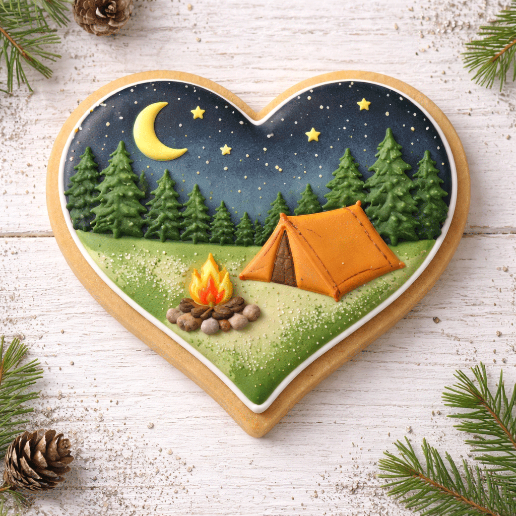Heart-shaped cookie with a camping scene including a tent, campfire, and trees from a 4 inch Heart Metal Cookie Cutter