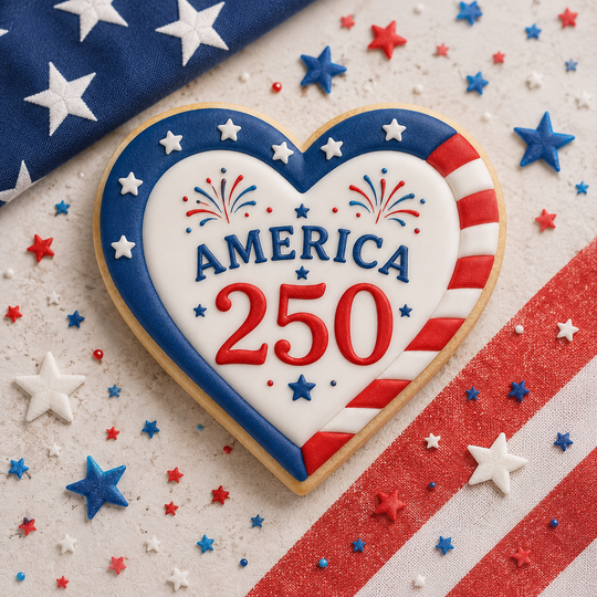 Heart-shaped cookie with 'AMERICA 250' on a background with American flag elements from a 4 inch Heart Metal Cookie Cutter