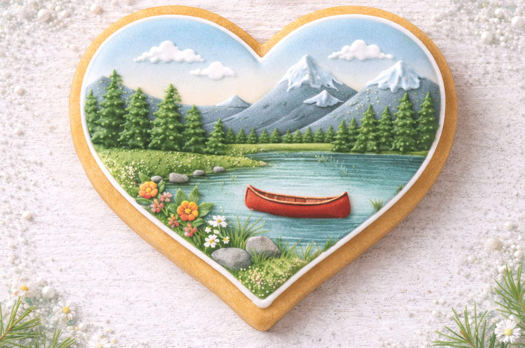 Heart-shaped cookie with a scenic design of a lake, mountains, and a canoe from a 3 inch Heart Metal Cookie Cutter