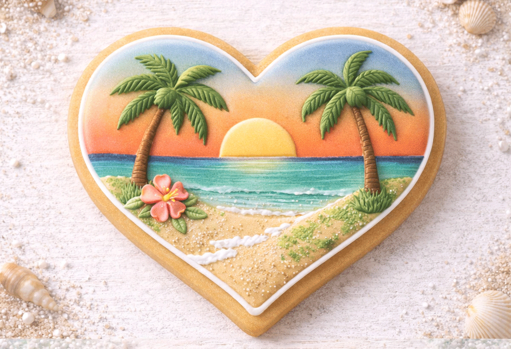 Heart-shaped cookie with a tropical scene featuring palm trees and a sunset on a sandy background from a 2.25 inch Heart Metal Cookie Cutter