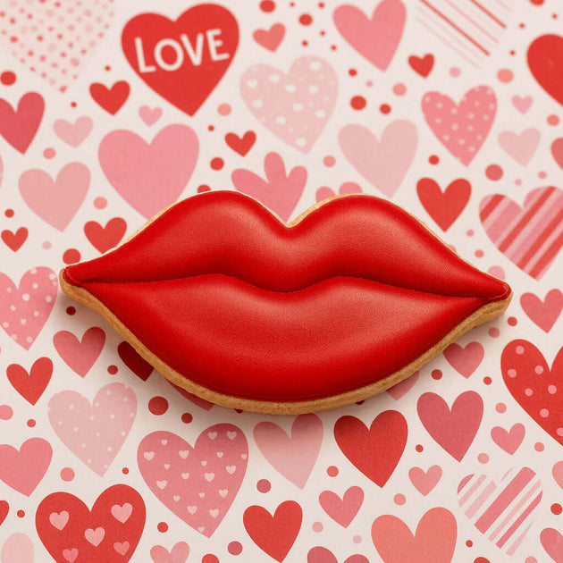 Red lip-shaped cookie on a background of hearts with 'LOVE' text from a 5 inch Lips Metal Cookie Cutter