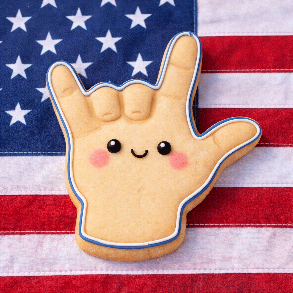Toy hand making a peace sign with a smiley face on an American flag background from a  4 inch Love Sign Language Metal Cookie Cutter