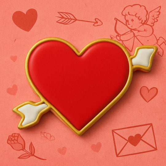 Heart-shaped cookie with gold border on a pink background with heart and arrow illustrations