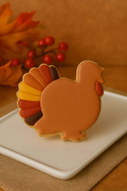 4 inch Turkey Metal Cookie Cutter shaped turkey cookie decorated in autumn colors on a white plate.