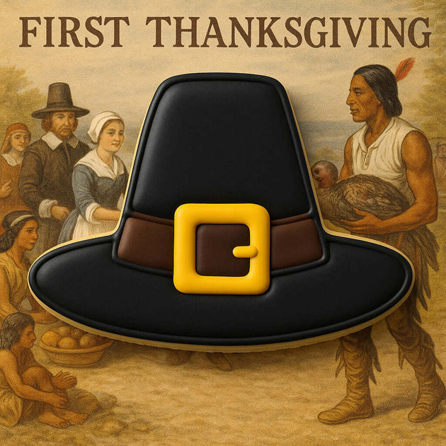 4 inch Pilgrim's Hat Metal Cookie Cutter displayed with First Thanksgiving illustration.