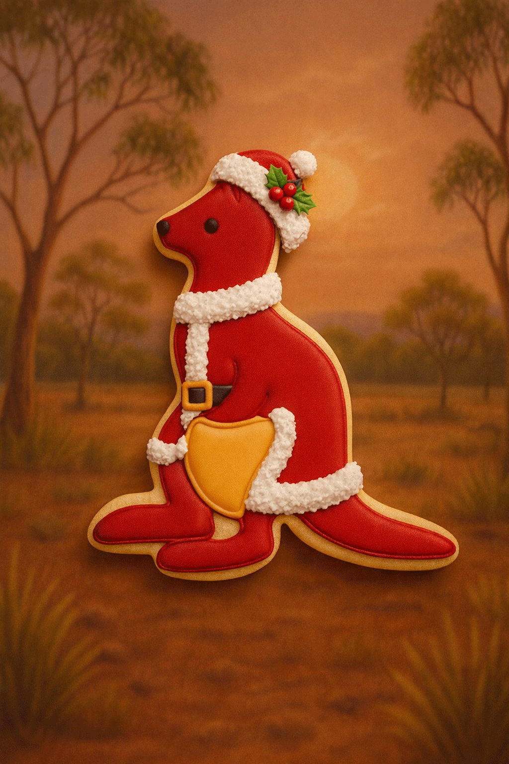 Decorative cookie shaped like a kangaroo in a Santa outfit with a Christmas hat against an Australian landscape background from a 4 inch Kangaroo Metal Cookie Cutter