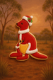 Decorative cookie shaped like a kangaroo in a Santa outfit with a Christmas hat against an Australian landscape background from a 4 inch Kangaroo Metal Cookie Cutter