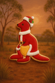 Decorative cookie shaped like a kangaroo in a Santa outfit with a Christmas hat against an Australian landscape background from a 4 inch Kangaroo Metal Cookie Cutter