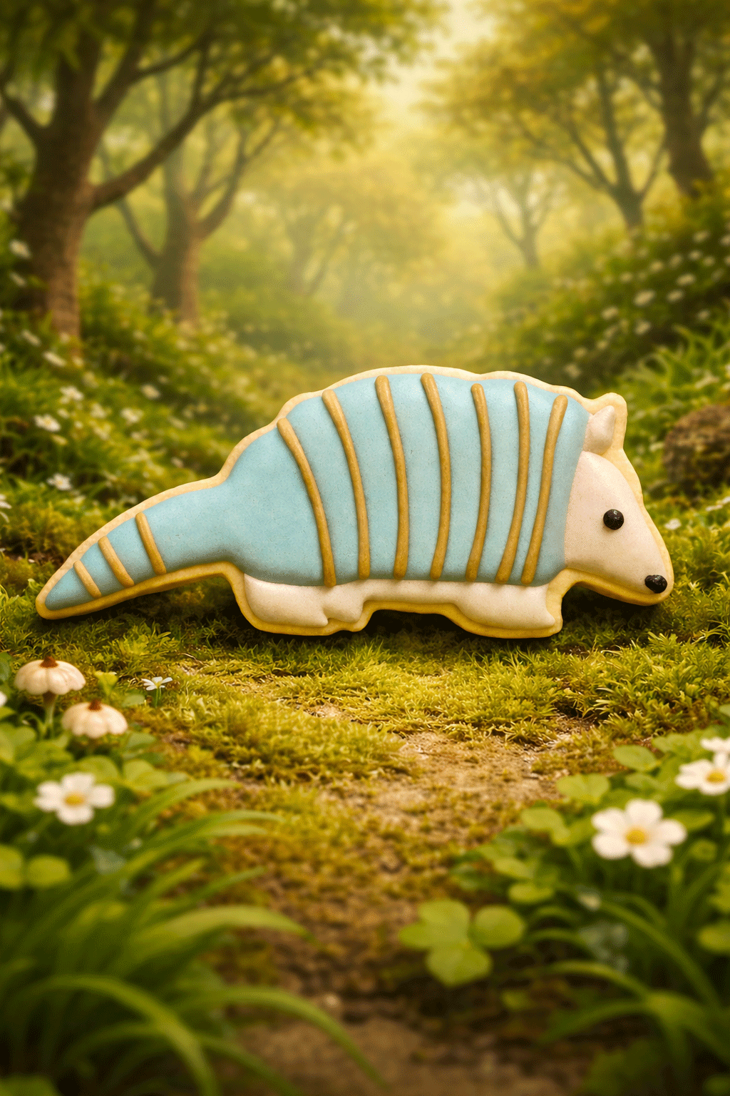  Armadillo cookie in a forest setting with greenery and flowers from a  5 inch Armadillo Metal Cookie Cutter