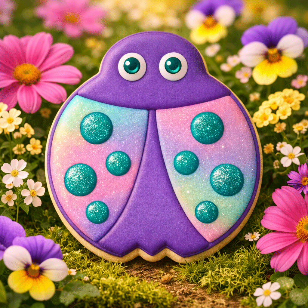 Colorful ladybug-shaped cookie with polka dot design on a bed of flowers from a 3 inch Ladybug Metal Cookie Cutter
