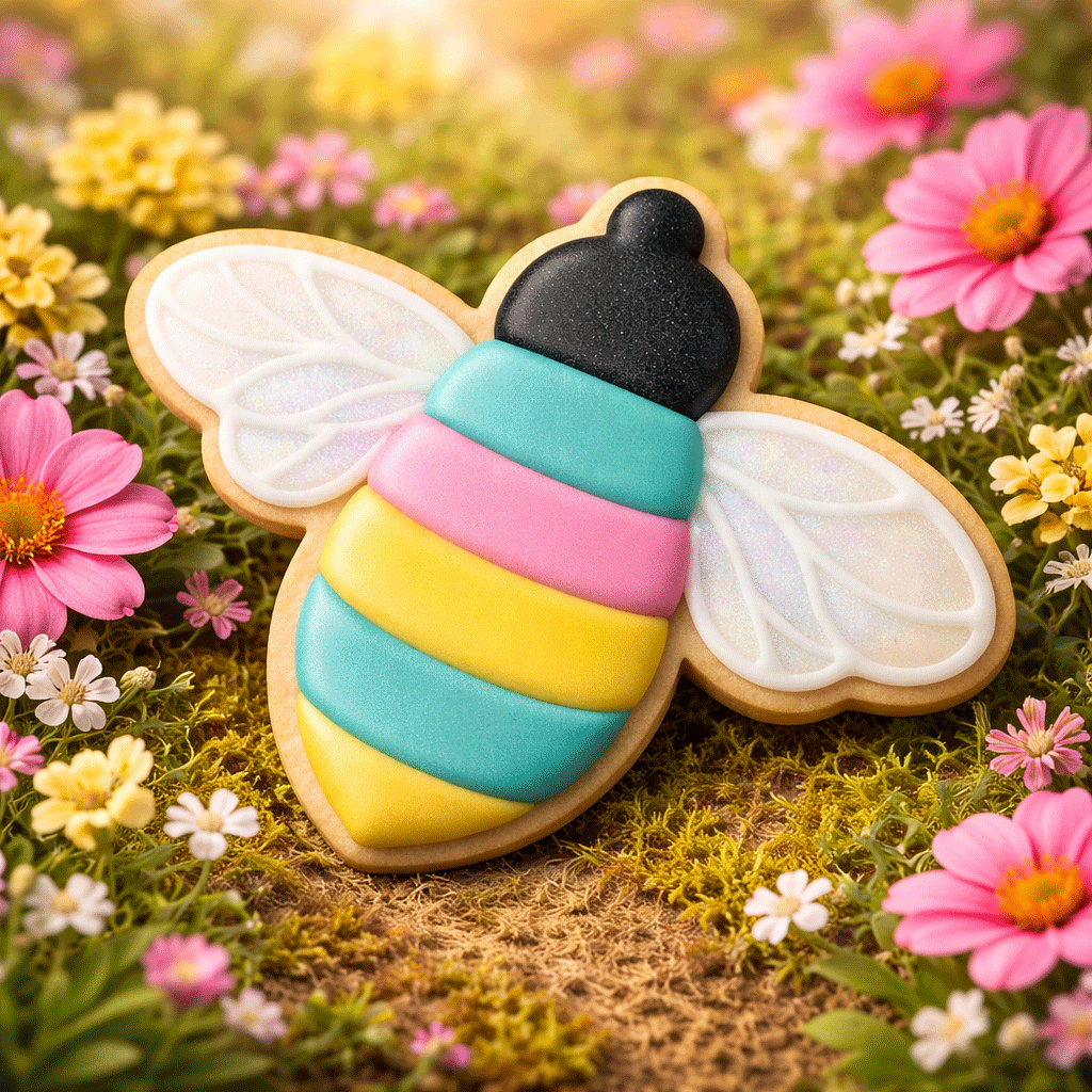 Colorful bee-shaped cookie on a grassy field with flowers from a 3 inch Bee Metal Cookie Cutter