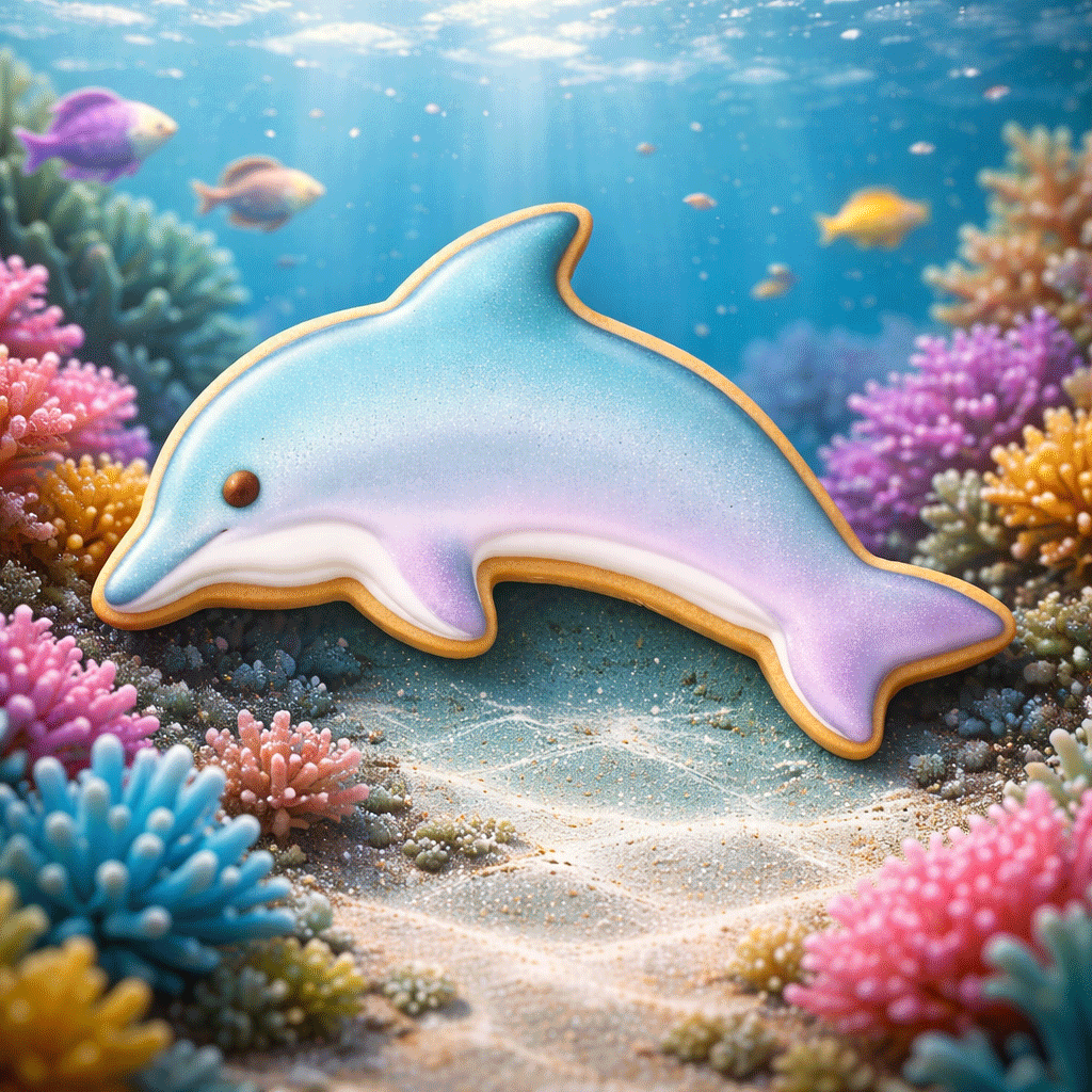 Colorful dolphin-shaped cookie in an underwater scene with corals and fish from a 4.5 inch Dolphin Metal Cookie Cutter