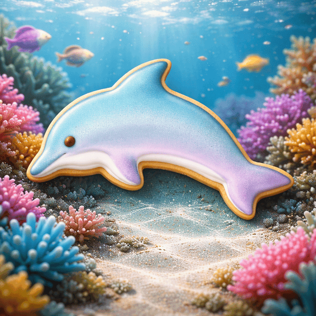 Colorful dolphin-shaped cookie in an underwater scene with corals and fish from a 4.5 inch Dolphin Metal Cookie Cutter