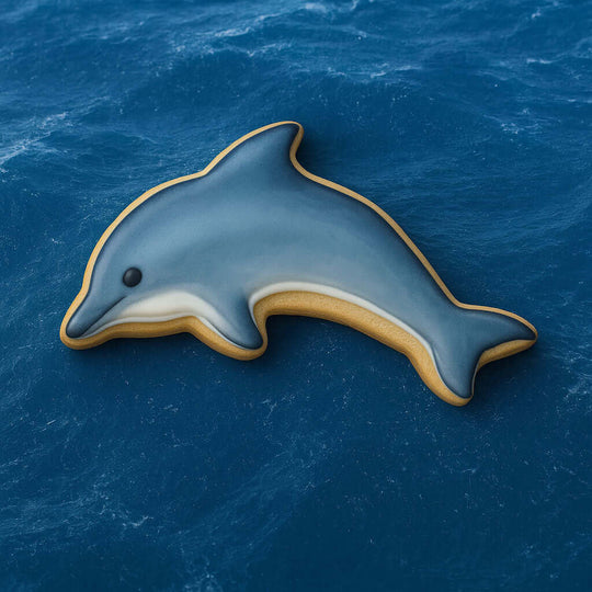 4.5 inch Dolphin Metal Cookie Cutter shaped cookie decorated with blue icing on a water background.