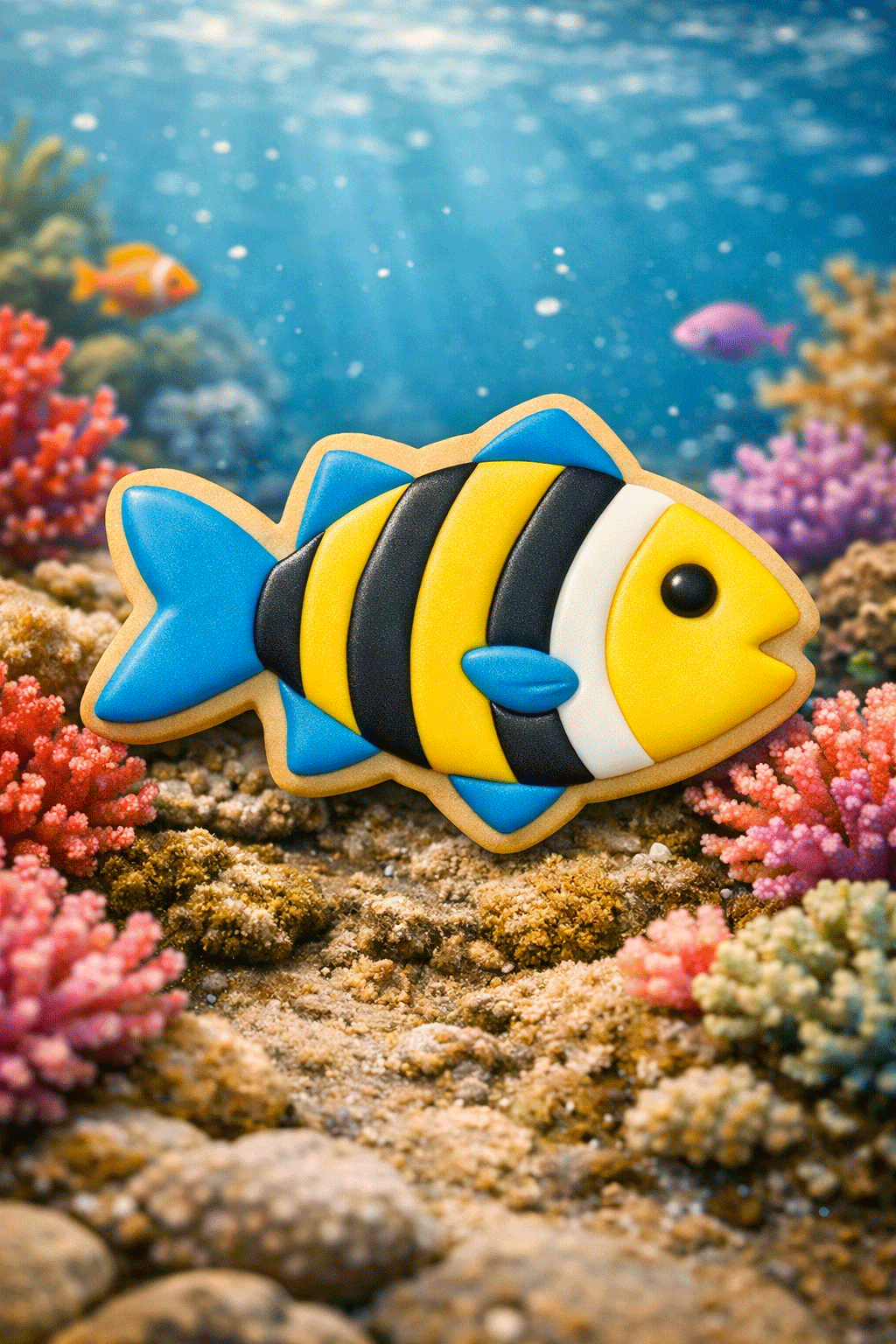 Decorative fish-shaped cookie on a background of coral and ocean floor from a 5 inch Fish Metal Cookie Cutter