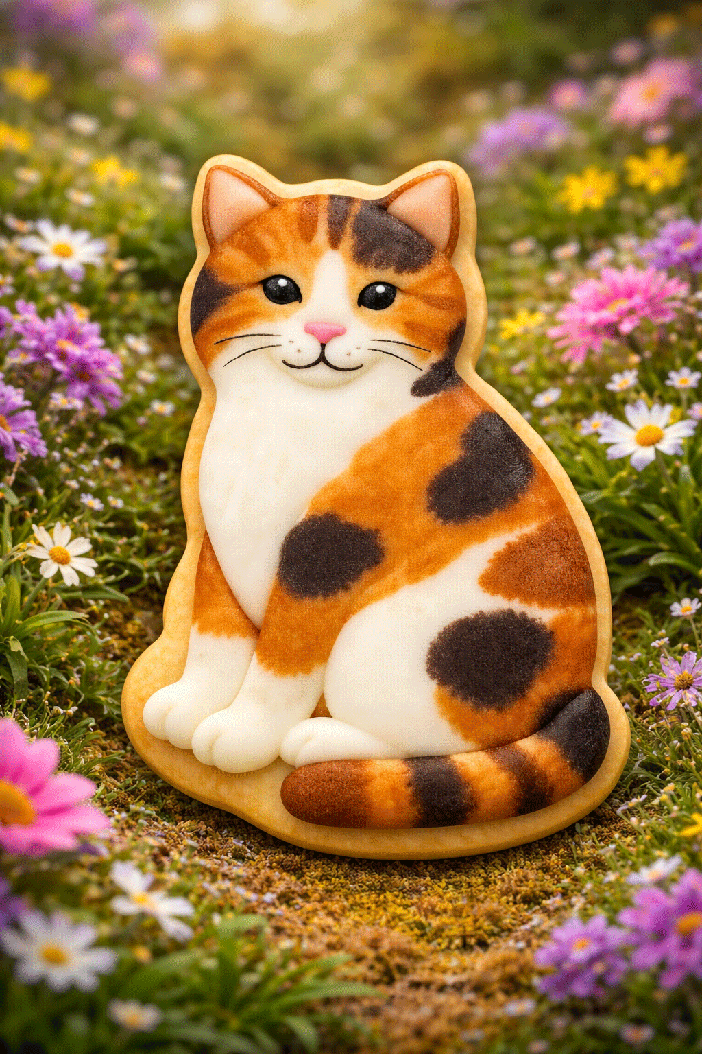 Cat-shaped cookie on a grassy field with flowers from a 3 inch Pussy Cat Metal Cookie Cutter