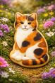 Cat-shaped cookie on a grassy field with flowers from a 3 inch Pussy Cat Metal Cookie Cutter
