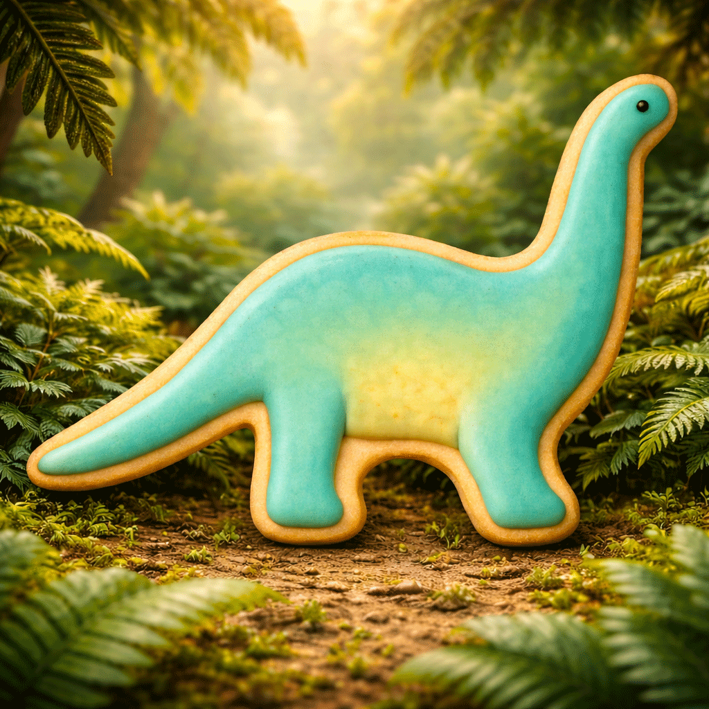 Dinosaur-shaped cookie in a forest setting from a 6 inch Brontosaurus Metal Cookie Cutter