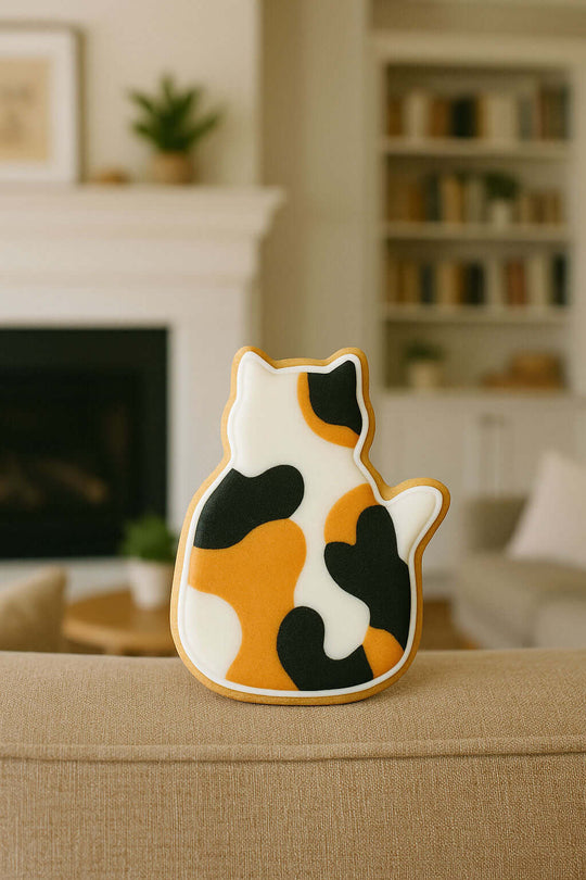 Cat-shaped decorative cookie on a couch in a living room setting from a 3 inch Quilting Cat Metal Cookie Cutter