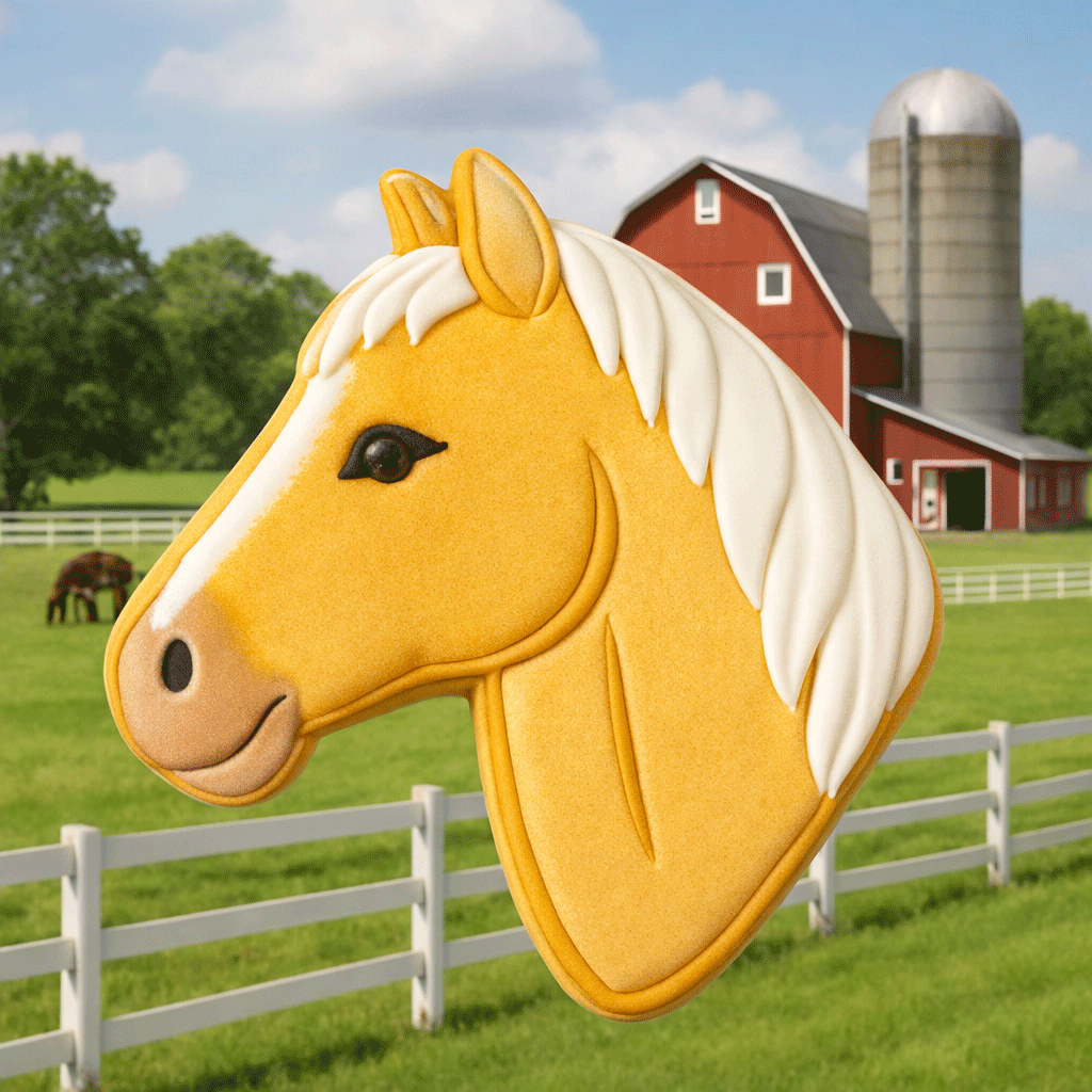 Horse head plush toy with a farm background featuring a red barn and silo from a 4.5 inch Horse Head Metal Cookie Cutter