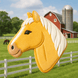 Horse head plush toy with a farm background featuring a red barn and silo from a 4.5 inch Horse Head Metal Cookie Cutter