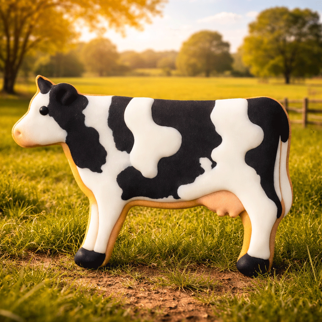Cow-shaped cookie on a grassy field with trees in the background from a 4 inch Cow Metal Cookie Cutter