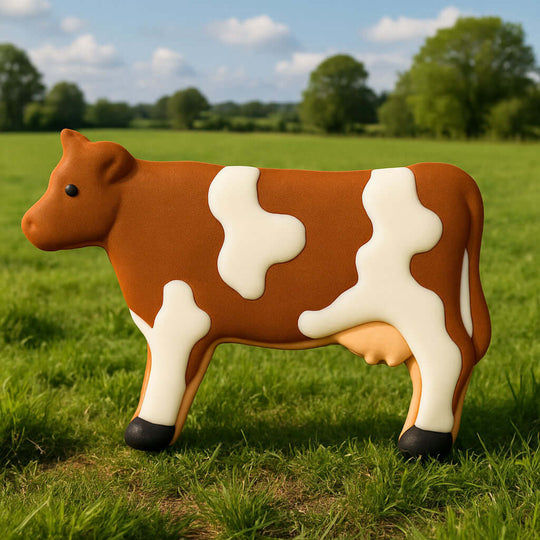 Cow-shaped cookie on a grassy field with trees in the background from a 4 inch Cow Metal Cookie Cutter