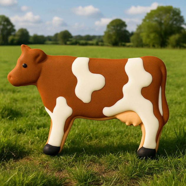 Cow-shaped cookie on a grassy field with trees in the background from a 4 inch Cow Metal Cookie Cutter