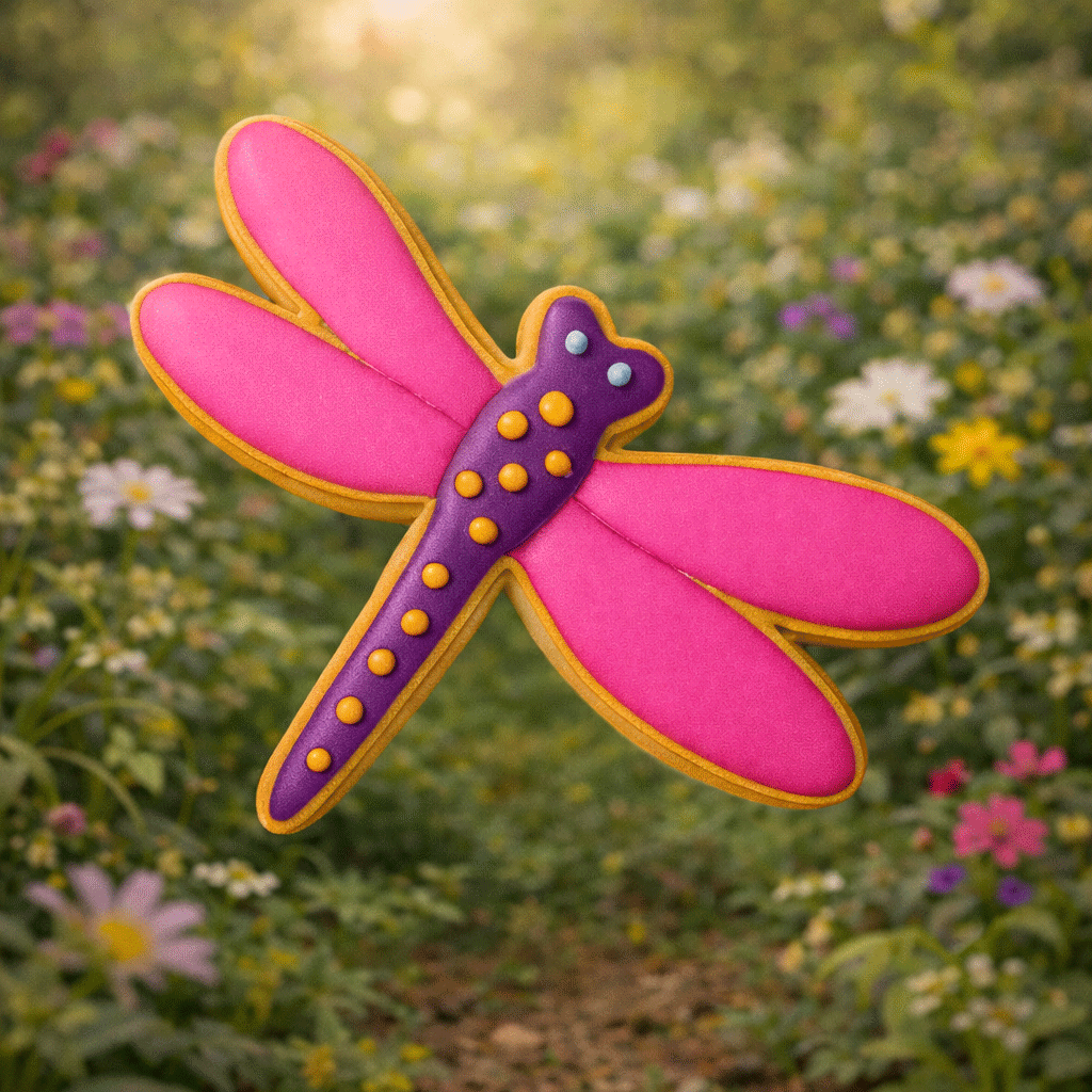 Colorful dragonfly-shaped cookie against a natural background with flowers from a  3.5 inch Dragonfly Metal Cookie Cutter