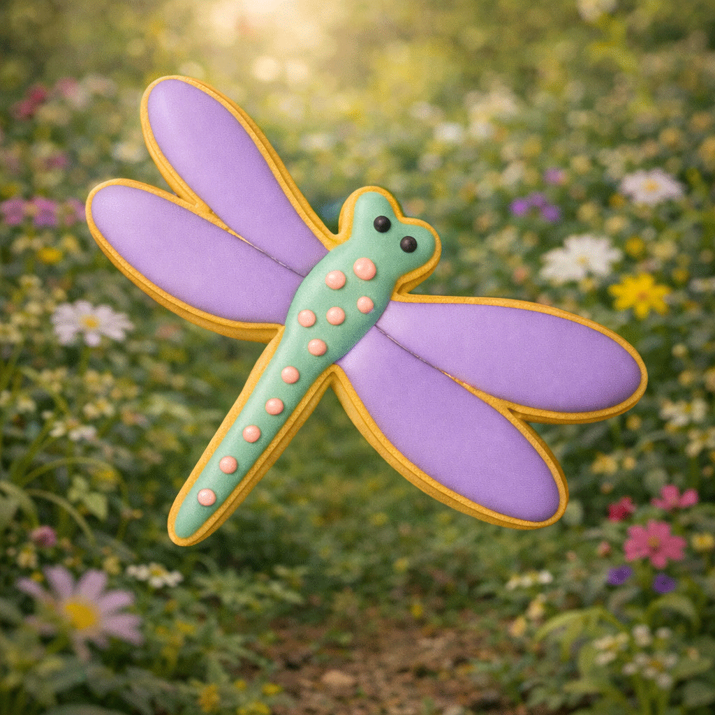 Decorative dragonfly cookie with purple wings and green body against a floral background from a 3.5 inch Dragonfly Metal Cookie Cutter