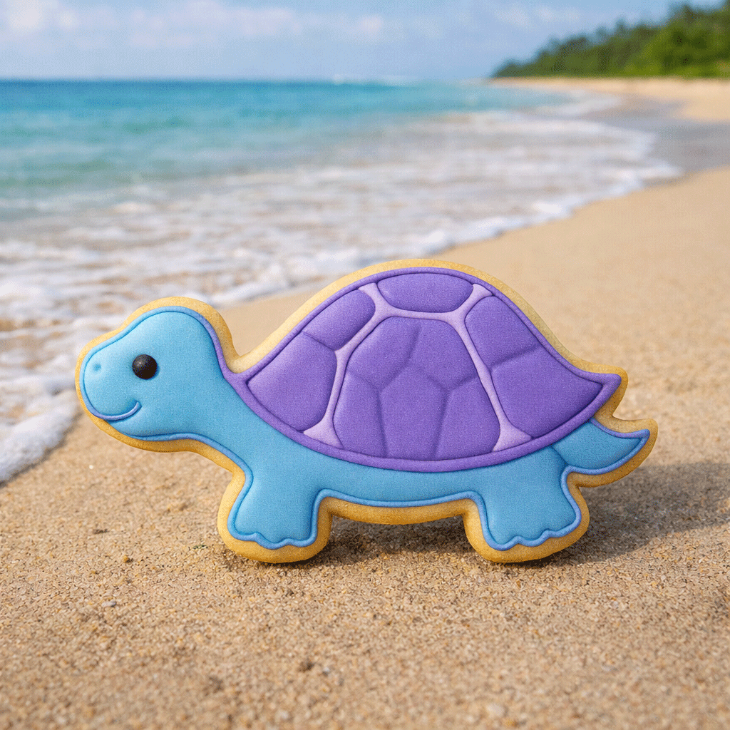 Tortoise-shaped cookie on a sandy beach with ocean in the background from a 4.75 inch Turtle Metal Cookie Cutter