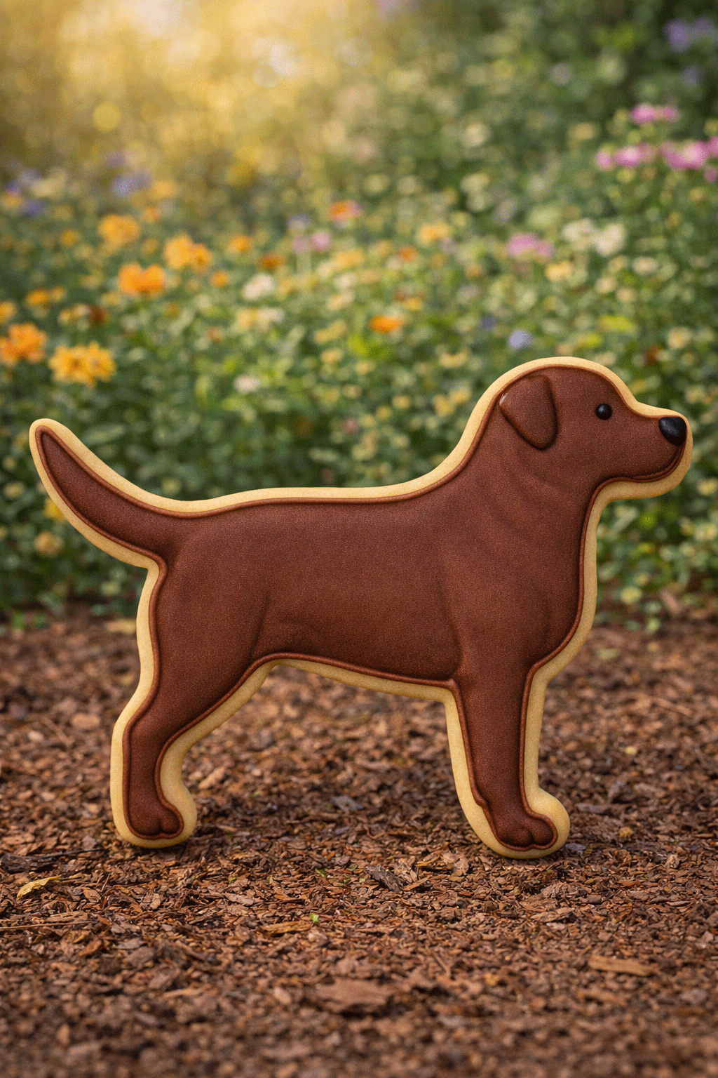 Dog-shaped cookie on a natural background with flowers from a 4.5 inch Labrador Retriever Metal Cookie Cutter