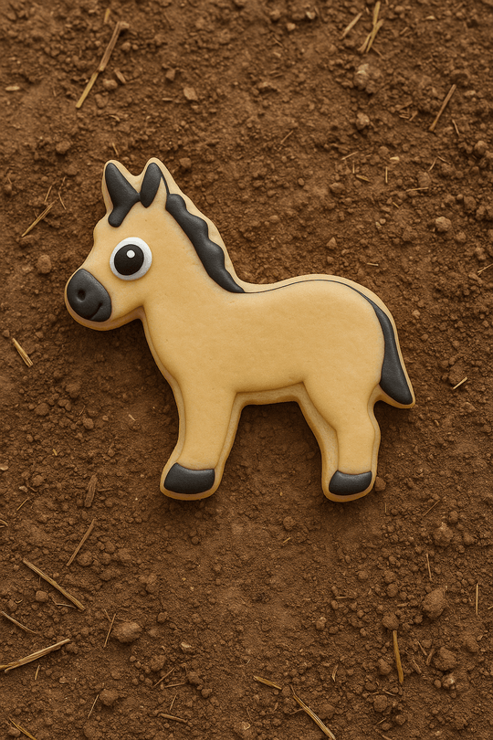 Cookie-shaped donkey on a brown textured surface from a 3.75 inch Donkey Metal Cookie Cutter