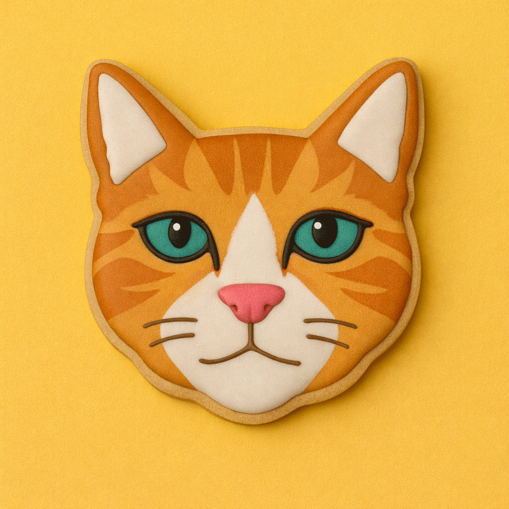 Cat-shaped plush toy with orange fur, white face, and blue eyes on a yellow background from a 3.5 inch Cat Head Metal Cookie Cutter