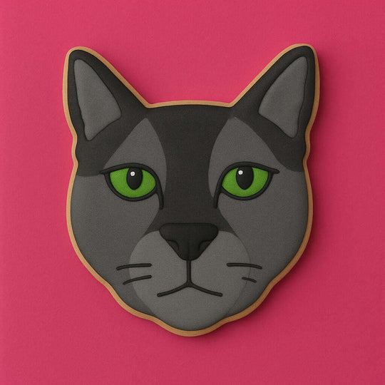 Cookie-shaped like a cat's face with green eyes on a pink background from a 3.5 inch Cat Head Metal Cookie Cutter