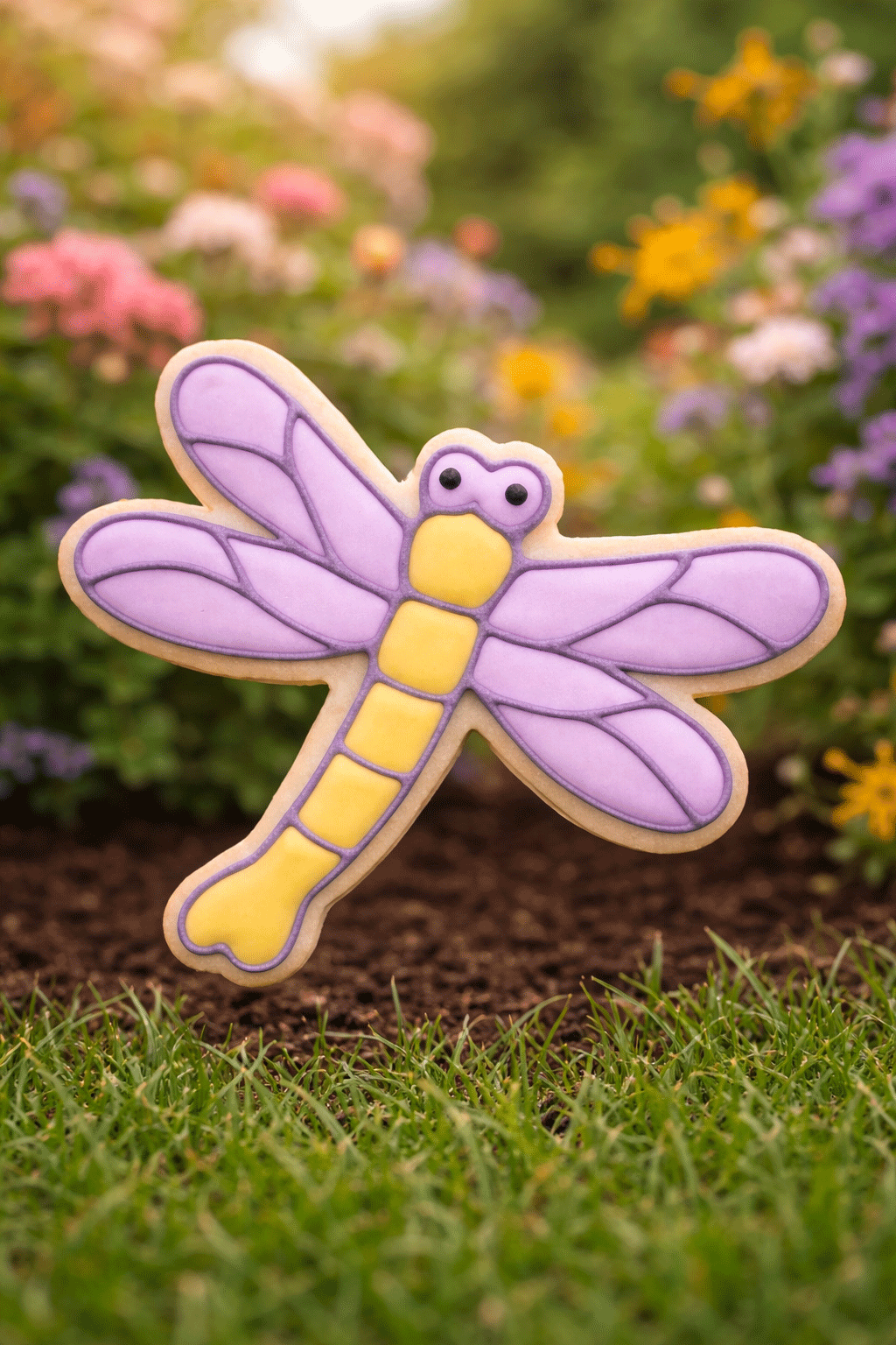 Decorative dragonfly shaped like a cookie on grass with flowers in the background from a 3.5 inch Dragonfly Metal Cookie Cutter