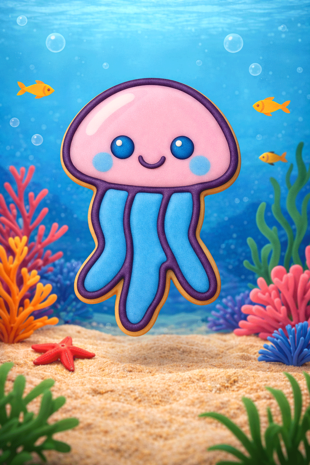 Cartoon jellyfish in an underwater scene with fish and coral from a 4 inch Jellyfish Metal Cookie Cutter