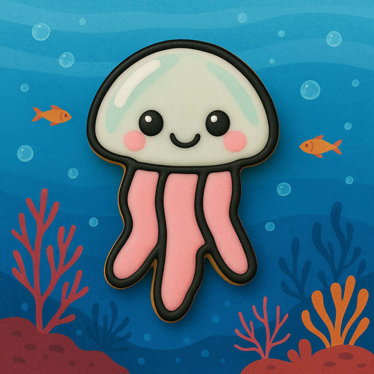 4 inch Jellyfish Metal Cookie Cutter on a colorful underwater background with whimsical jellyfish design.
